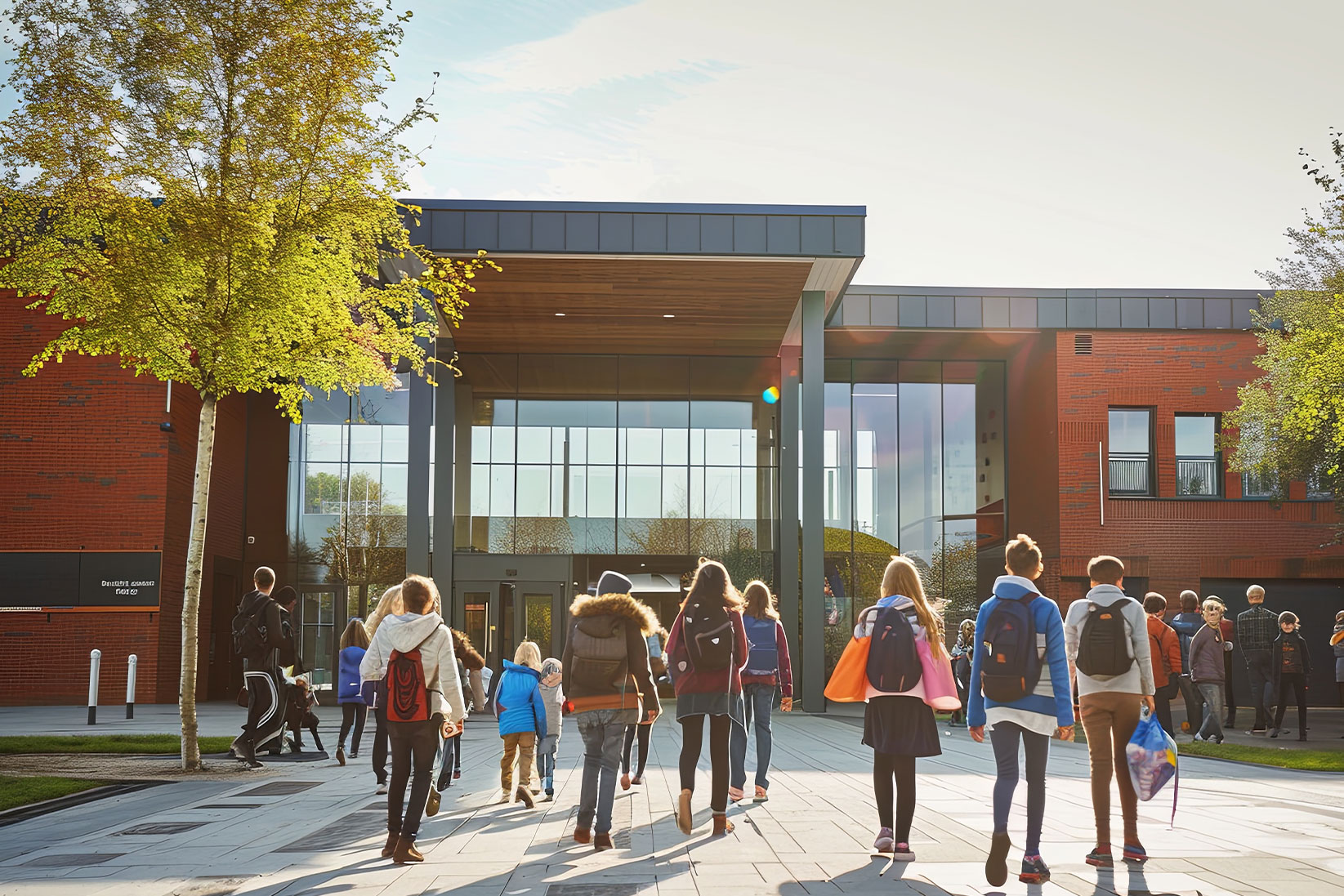 students entering school building